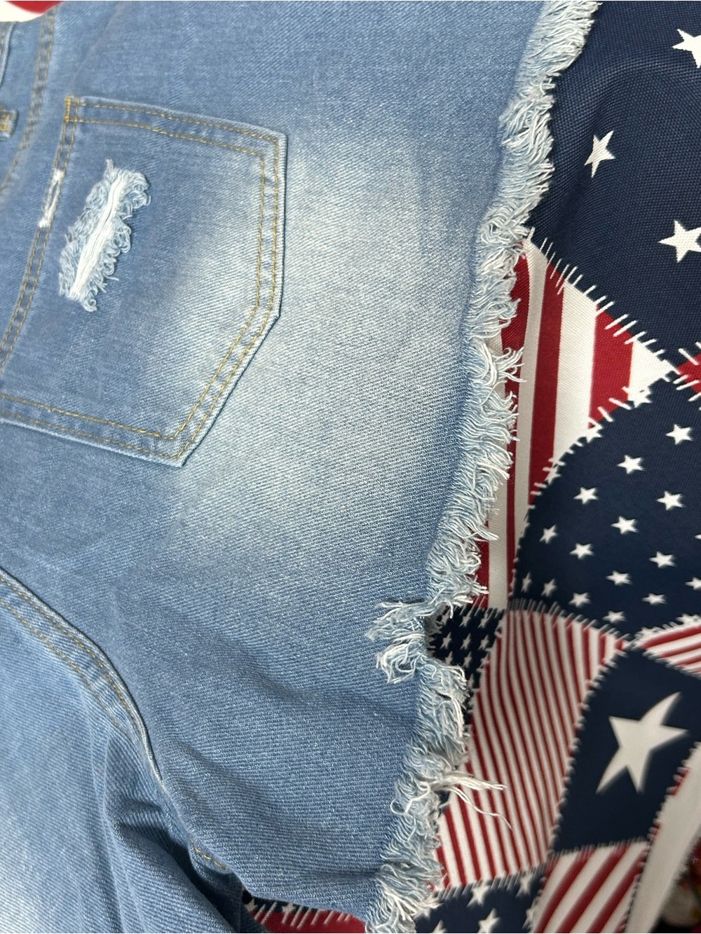 High-Rise Distressed Denim Jean Shorts with American Flag Patch - Blue - Picture 5 of 7